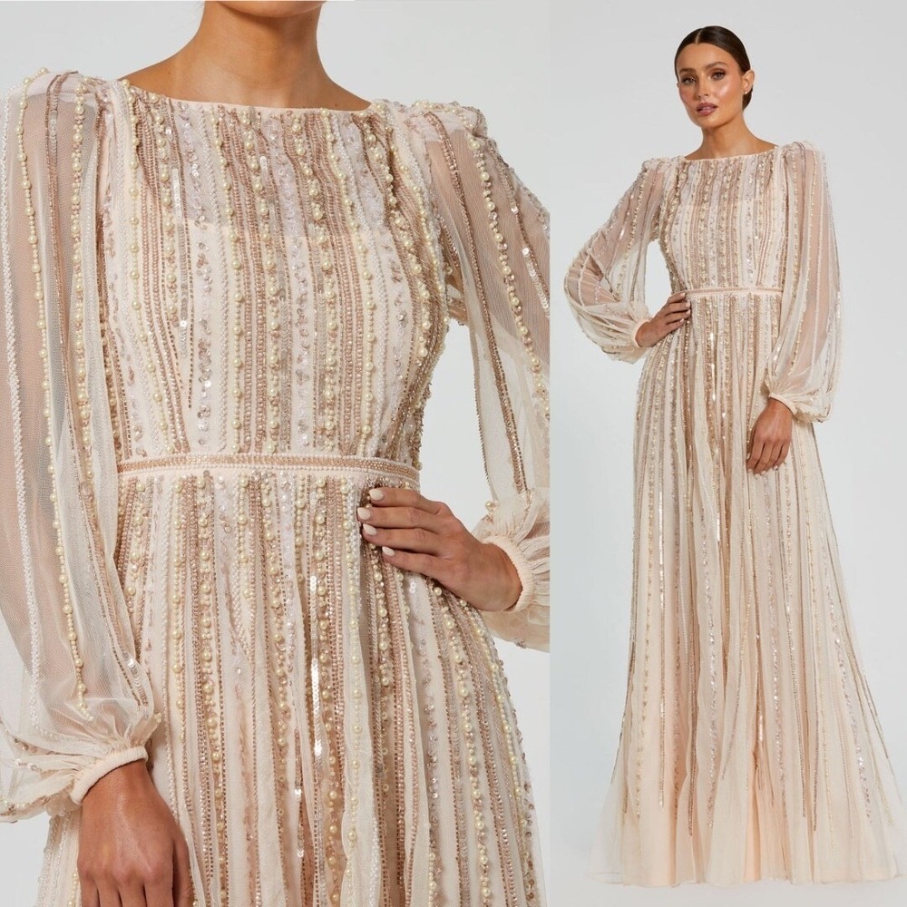 NWT Mac Duggal Peach Pink Boat Neck Long Sleeve Gown w/ Striped Beading - Size 6